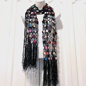Crocheted Beaded Fringed Vintage Multicolor/Black Women's Scarf/Shaw/Wrap-Cut Ou
